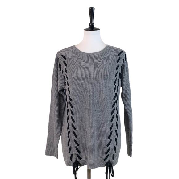 Roz & Ali Gray Black Ribbon Knit Knit Crew Neck Sweater Women's Size Medium - Picture 1 of 13